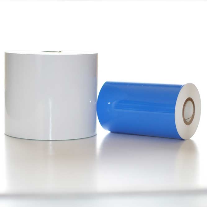 Image of white and blue therma printer ribbon products