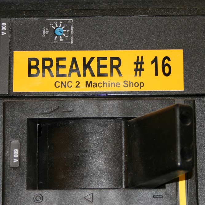 Image of electric breaker labeled with vinyl specialty tape
